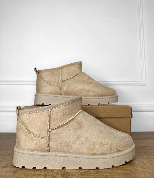 ‘FRANKIE’ FAUX FUR MINI ANKLE SUEDETTE BOOTS BEIGE