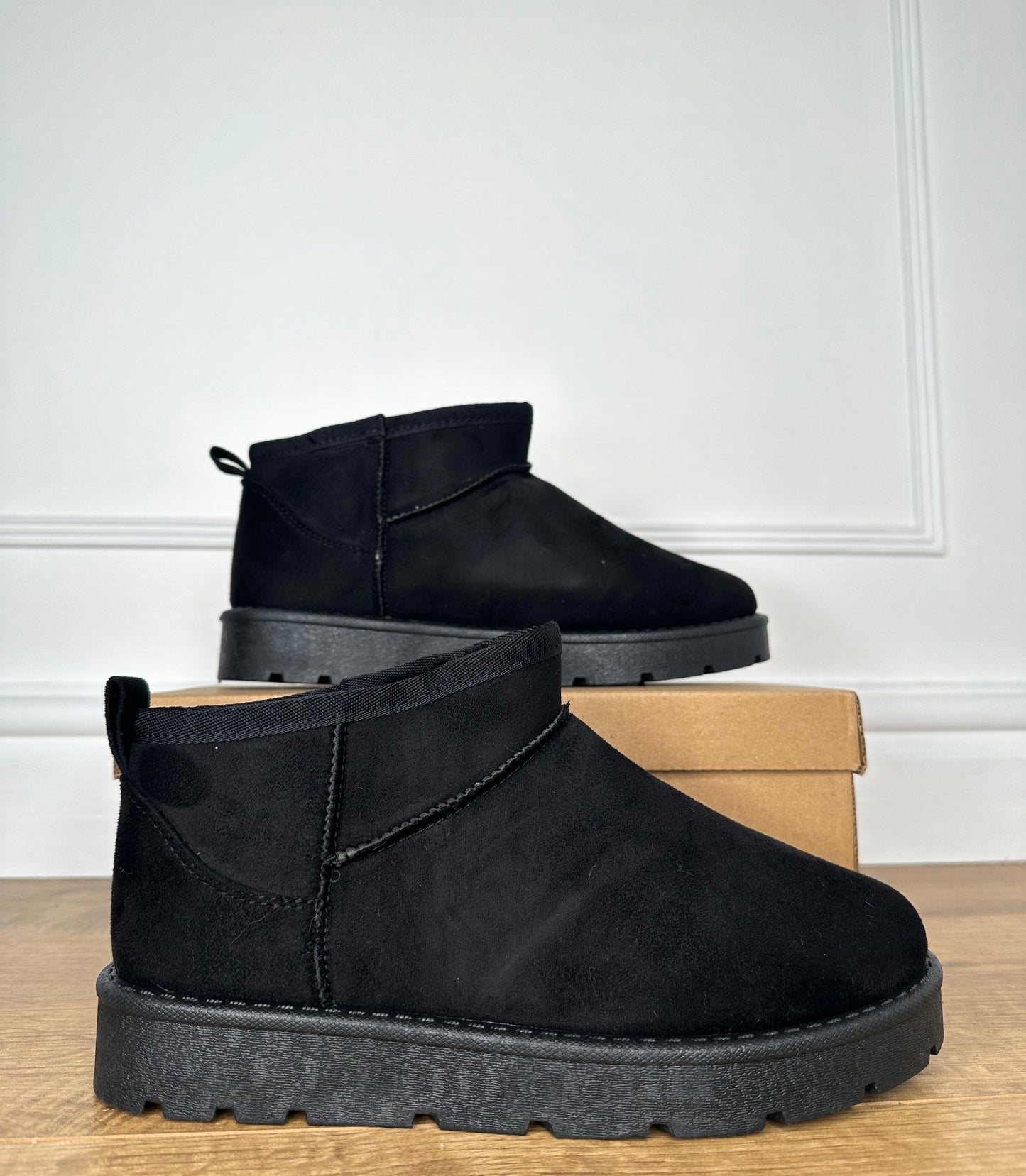 ‘FRANKIE’ FAUX FUR MINI ANKLE SUEDETTE BOOTS BLACK