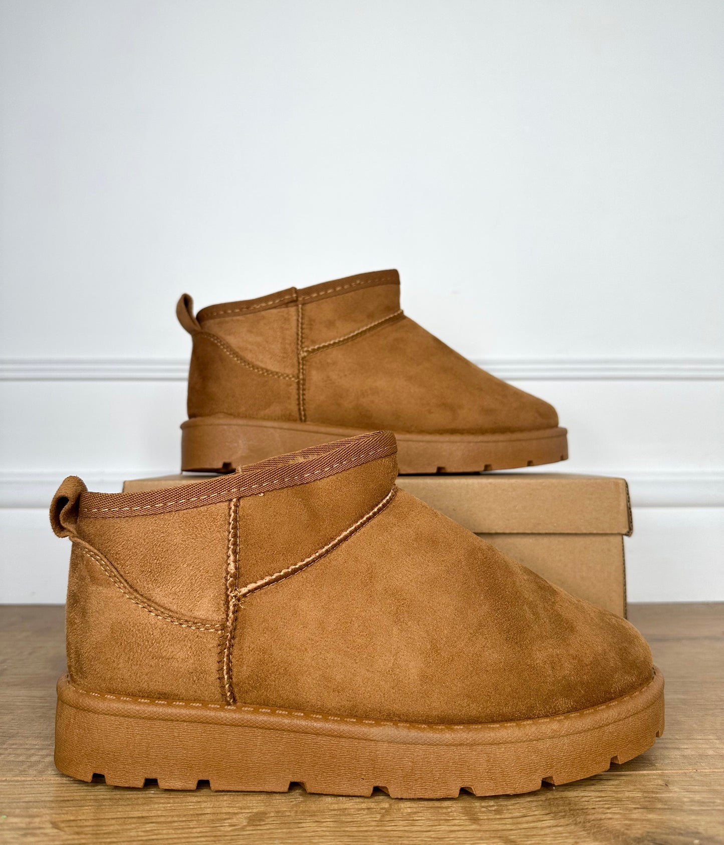 ‘FRANKIE’ FAUX FUR MINI ANKLE SUEDETTE BOOTS CHESTNUT