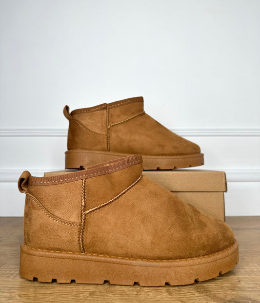 ‘FRANKIE’ FAUX FUR MINI ANKLE SUEDETTE BOOTS CHESTNUT